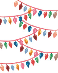 Watercolor hand painted winter holiday blinding lights set composition with christmas tree colorful red, pink, green, blue, orange, brown garland collection isolated on the white background