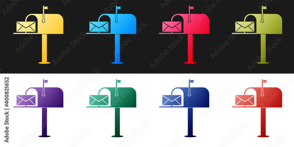 Poster set open mail box with an envelope icon isolated on black and white background. vector.