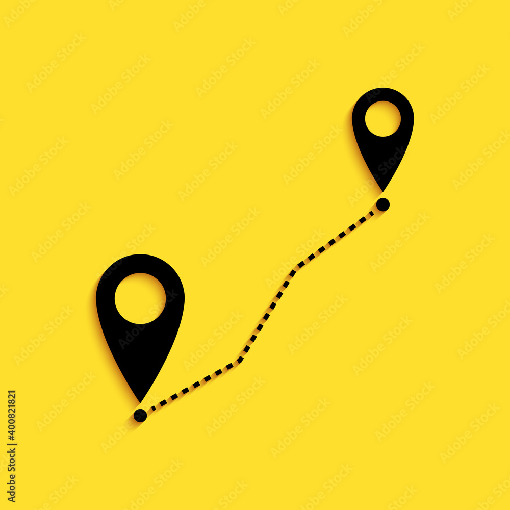 Poster black route location icon isolated on yellow background. map pointer sign. concept of path or road. 