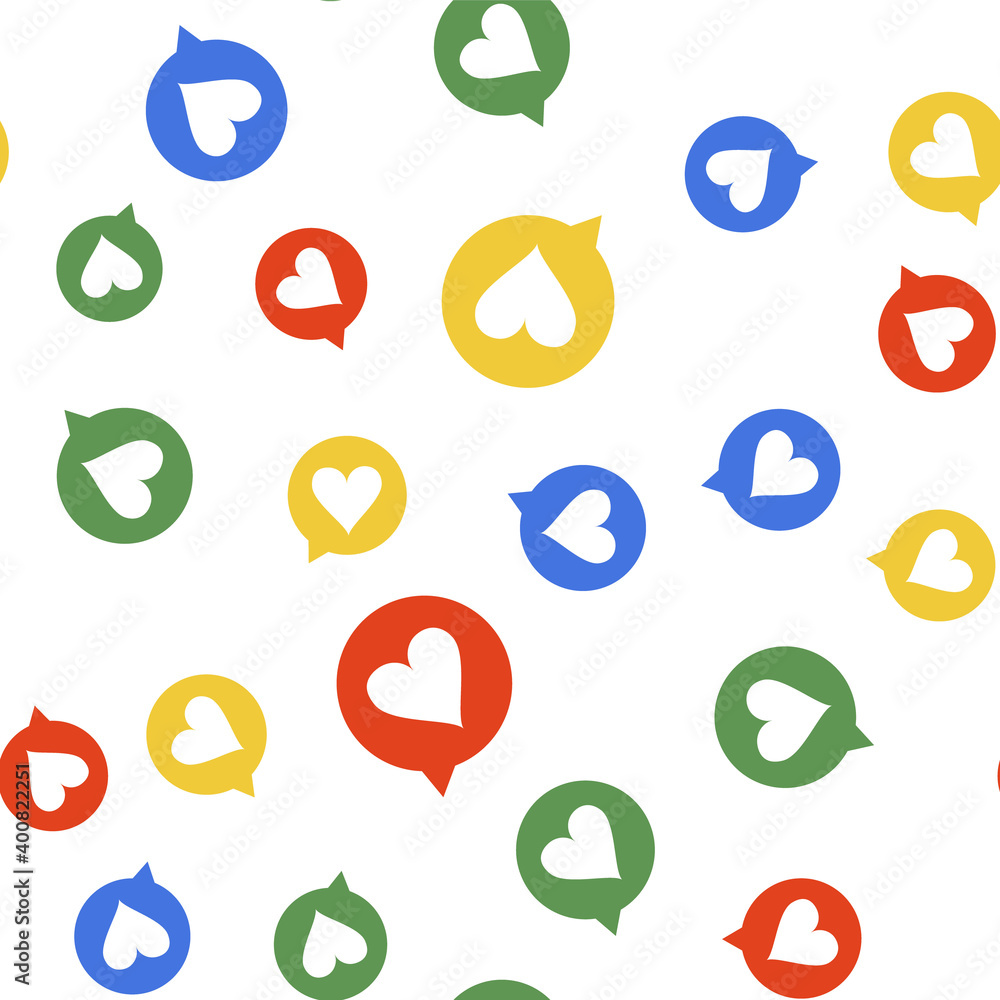Poster color heart in speech bubble icon isolated seamless pattern on white background. heart shape in mess