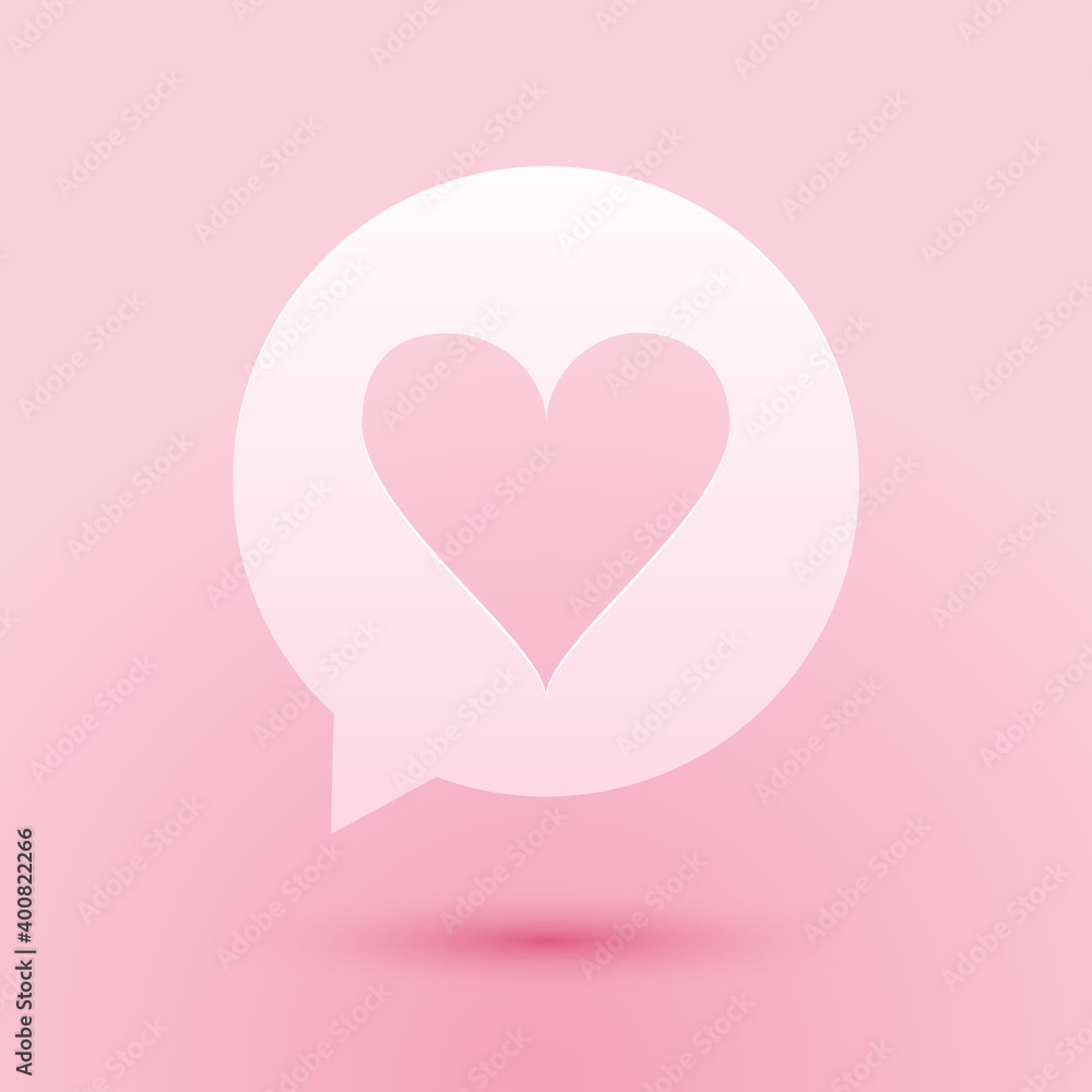 Poster paper cut heart in speech bubble icon isolated on pink background. heart shape in message bubble. lo