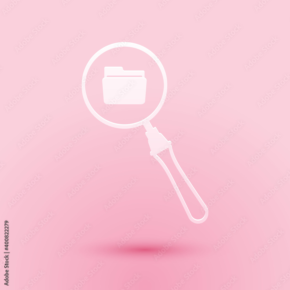 Poster paper cut search concept with folder icon isolated on pink background. magnifying glass and document