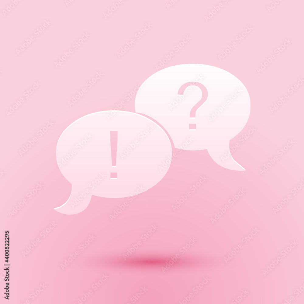 Poster paper cut speech bubbles with question and exclamation marks icon isolated on pink background. faq s
