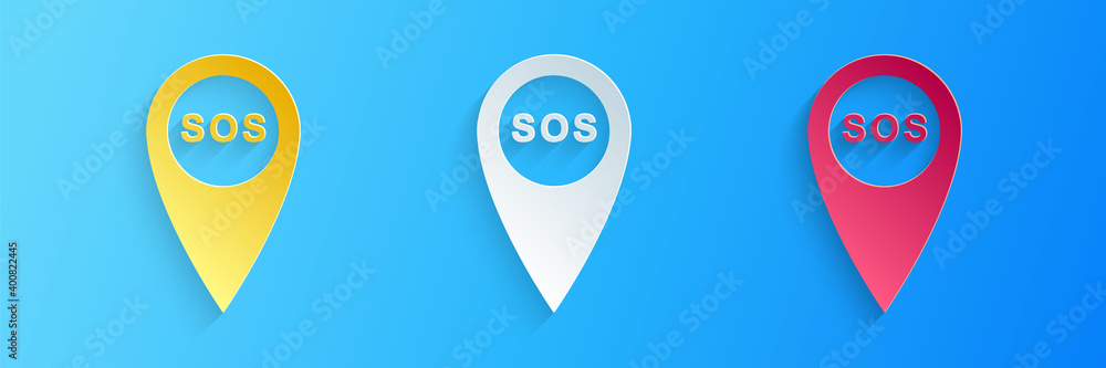 Poster paper cut marker location with sos icon isolated on blue background. sos call location marker. map p