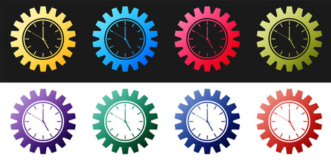 Set Time Management icon isolated on black and white background. Clock and gear sign. Productivity symbol. Vector.