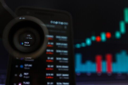 SAN FRANCISCO, US - 9 May 2019: A Graph of Increasing Trend of DCR Decred Cryptocurrency. The Illustration of Green Candles Bar Raising Trend, San Francisco, California, USA