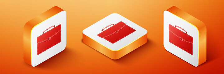 Isometric Briefcase icon isolated on orange background. Business case sign. Business portfolio. Orange square button. Vector.
