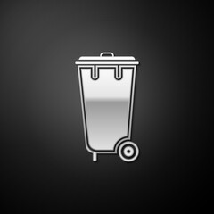 Silver Trash can icon isolated on black background. Garbage bin sign. Recycle basket icon. Office trash icon. Long shadow style. Vector.
