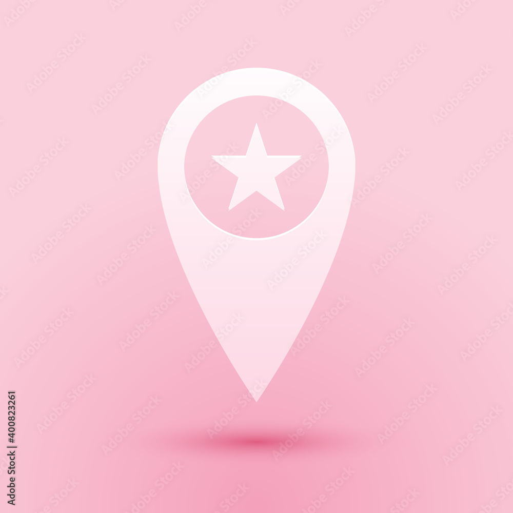 Poster paper cut map pointer with star icon isolated on pink background. star favorite pin map icon. map ma