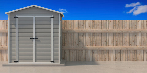 Fototapeta premium Gardening tools storage shed in the house backyard. 3d illustration