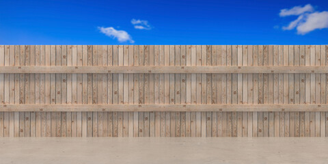 Garden fence wooden boards at house backyard, blue sky with white clouds background. 3d illustration