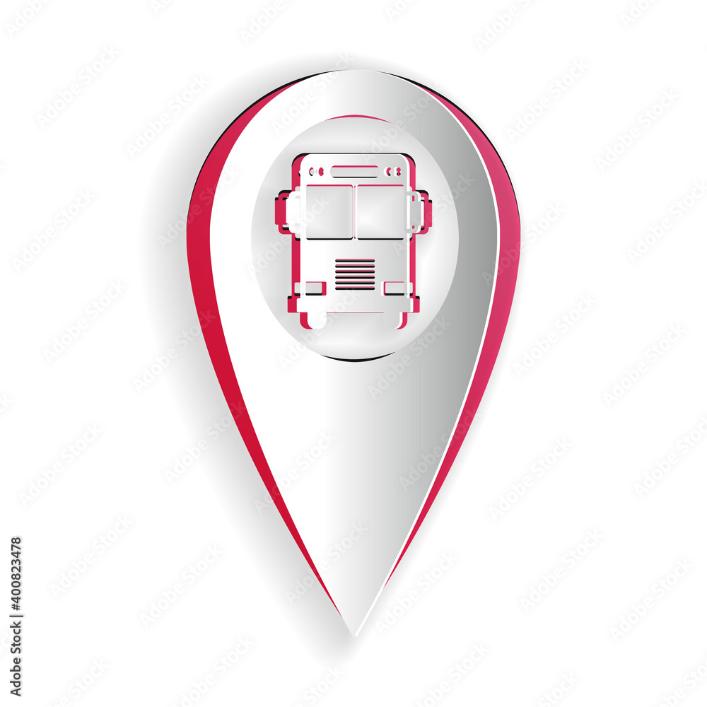 Poster paper cut map pointer with bus icon isolated on white background. paper art style. vector.