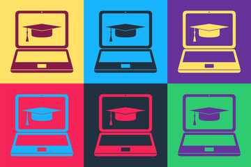 Pop art Graduation cap and laptop icon isolated on color background. Online learning or e-learning concept icon. Vector.