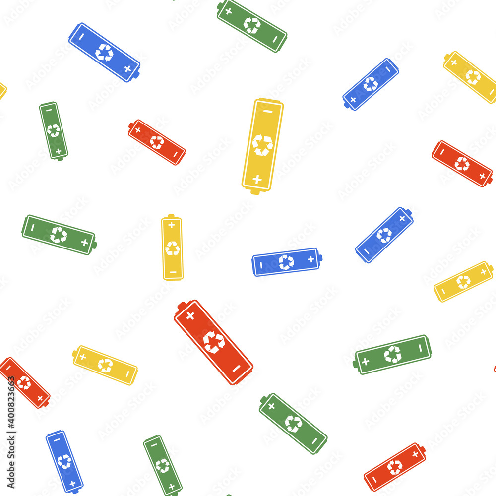 Poster color battery with recycle symbol icon isolated seamless pattern on white background. battery with r