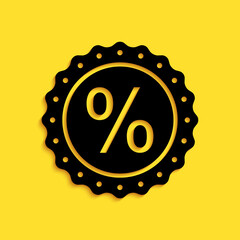 Black Percent symbol discount icon isolated on yellow background. Sale percentage - price label, tag. Long shadow style. Vector.
