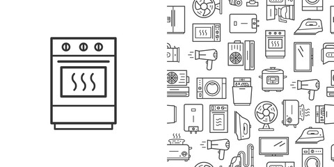 Oven icon and vector seamless pattern with household appliances. Line style icons isolated on white background