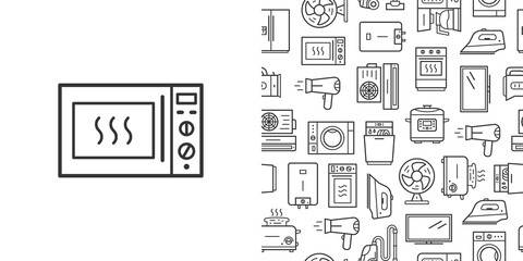 Microwave oven icon and vector seamless pattern with household appliances. Line style icons isolated on white background