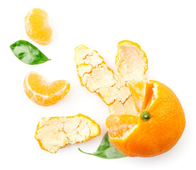 Tangerine half, slices and green leaves on a white background, isolated. The view from top
