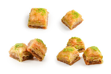 Pistachio baklava on a white background. Dessert.