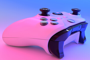 Realistic video game controller in neon lights on white table background