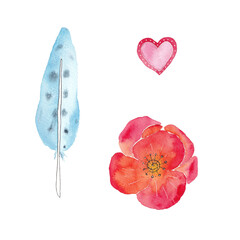 Paint set of watercolor on feathers, flowers and hearts a white background. Use for invitations, birthdays