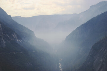 moody famous yosemite valley in fog