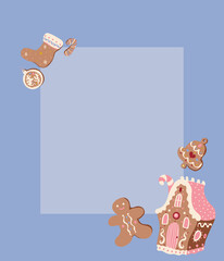Christmas vector template with gingerbread house and cookies on blue background. Winter holidays, sweet, for kids, treats, new year, Christmas market. Illustration, greeting card, banner