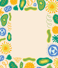 Colorful vector rectangular frame with different viruses and bacteria on light peachy background. Laboratory, microbiology, science, study, clinical research, medicine, cartoony