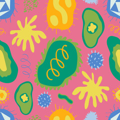 Colorful vector seamless pattern with different viruses and bacteria on pink background. Laboratory, microbiology, science, study, clinical research, medicine, cartoony