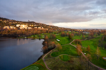 Fototapeta premium Drone shot of the nature around Bogstad, Oslo, Norway. 