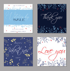 Fototapeta na wymiar Set of trendy abstract valentine s day templates. For advertising flyers, greeting cards and social media posts. Delicate and modern design. Thanks cards. Love you. Sale. Floral pattern. Vector
