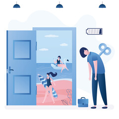 Burnout, overworked businesswoman stand near open door to beach paradise. Female employee with low battery.