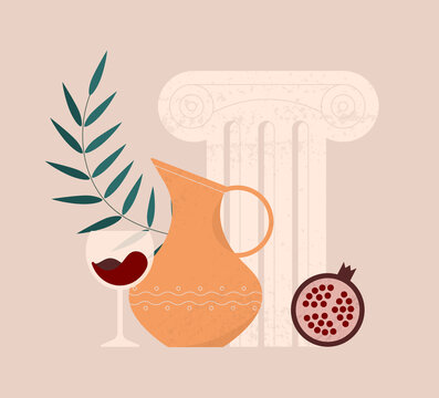 Aesthetic modern illustration of a ceramic jug with ornament, ancient greek order, glass of wine or juice, leaf and pomegranate. Decorative still life with isolated objects. Contemporary art