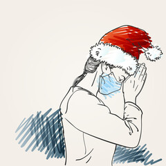 Christmas and Coronavirus people new normal. Sketch of woman in medical face mask, santa hat praying hands folded in worship, eyes closed, Hand drawn vector