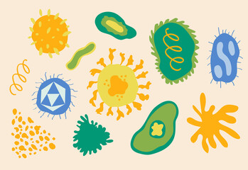 Vector illustration set with viruses and bacteria in simple cartoon style. Laboratory, microbiology, science, study, clinical research, medicine. Collection, poster, stickers, card