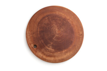 Wooden round cutting board isolated on white background. Top view.