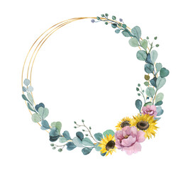 Watercolor floral wreath. Wreath of eucalyptus, sunflowers and a gold frame. Spring wreath. Watercolor illustration for your design