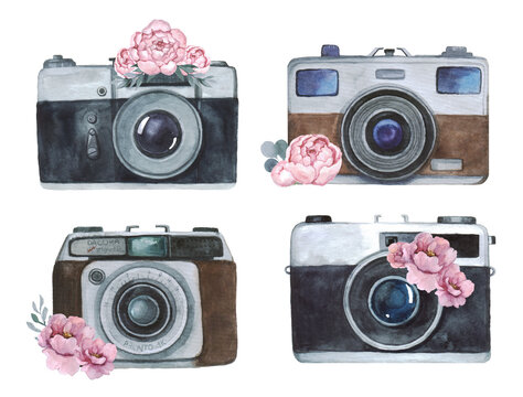 Watercolor stained cameras. Camera sketch. Camera with flowers. Watercolor camera logo