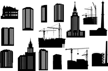 set of different building black silhouettes