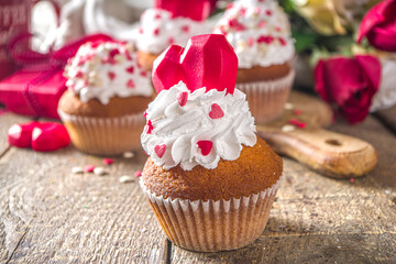Cupcake with Heart for Valentines. Valentine Day Sweet Dessert, vanilla cupcakes with whipped...
