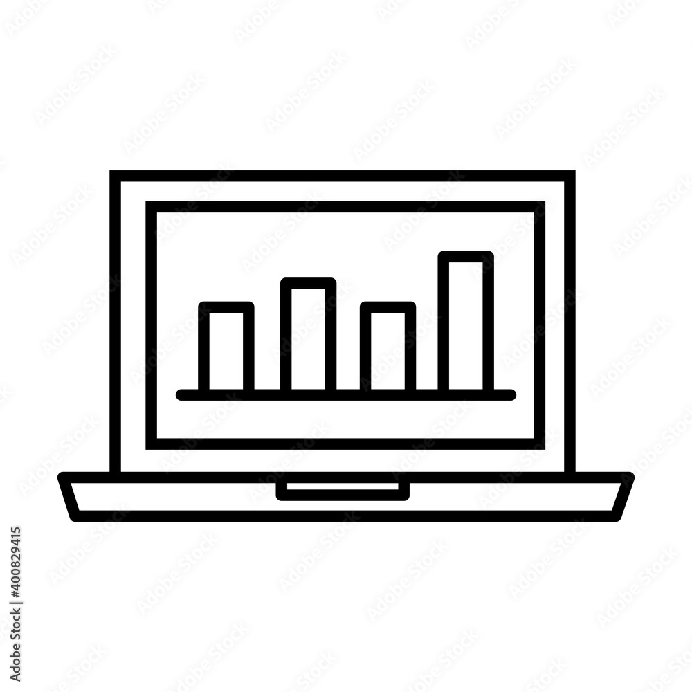 Poster laptop computer portable with statistics bars line style icon vector illustration design