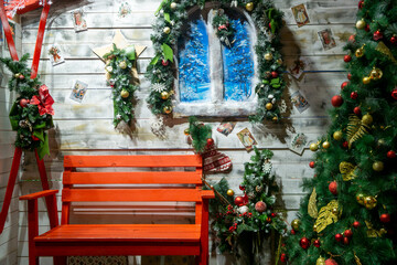 Obraz na płótnie Canvas Christmas composition, merry Christmas, stylized house, Christmas tree, window