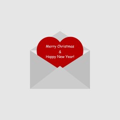 Envelope with heart-shaped postcard and greeting or invitation merry christmas. Vector illustrations on a festive theme.