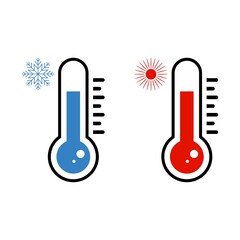 Meteorological thermometers icons. Cold and heat temperature measurement concept. Scale indicator with degrees Celsius and Fahrenheist. Vector illustration.