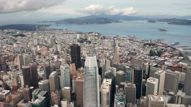 San Francisco, USA. Panoramic vista of the cityscape by the Pacific bay. Dense development in the downtown - view from above. High quality 4k footage