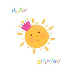 Happy Birthday card with cute cartoon sun illustration and multi colorful text.
