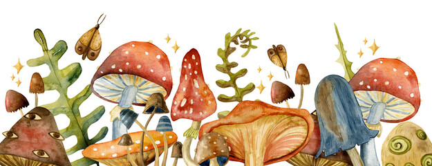 Border toadstool mushroom with red fly-agaric mushrooms.  Watercolor mushrooms.