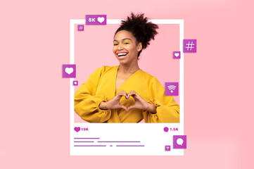 Collage with young black woman making heart gesture in photo frame, requesting likes in social media on pink background