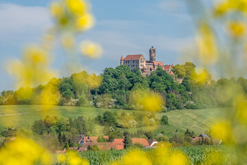 view on ronneburg castle in hesse, germany with yellow and green foreground elements during summertime