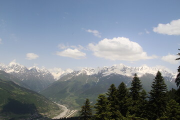 Snowy peaks of the mountans with green valleys, Ushba in Svanetia